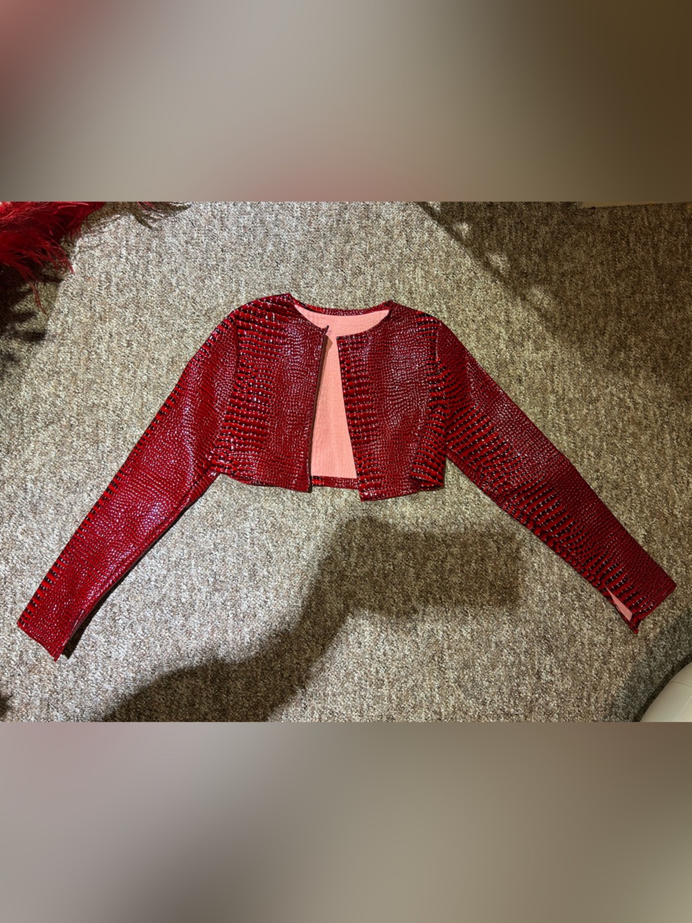 SHEIN Red Croc-Embossed Cropped Jacket
